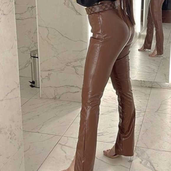 Brown High Waist Slit Hem PU Leather Pants - Picture 3 of 9